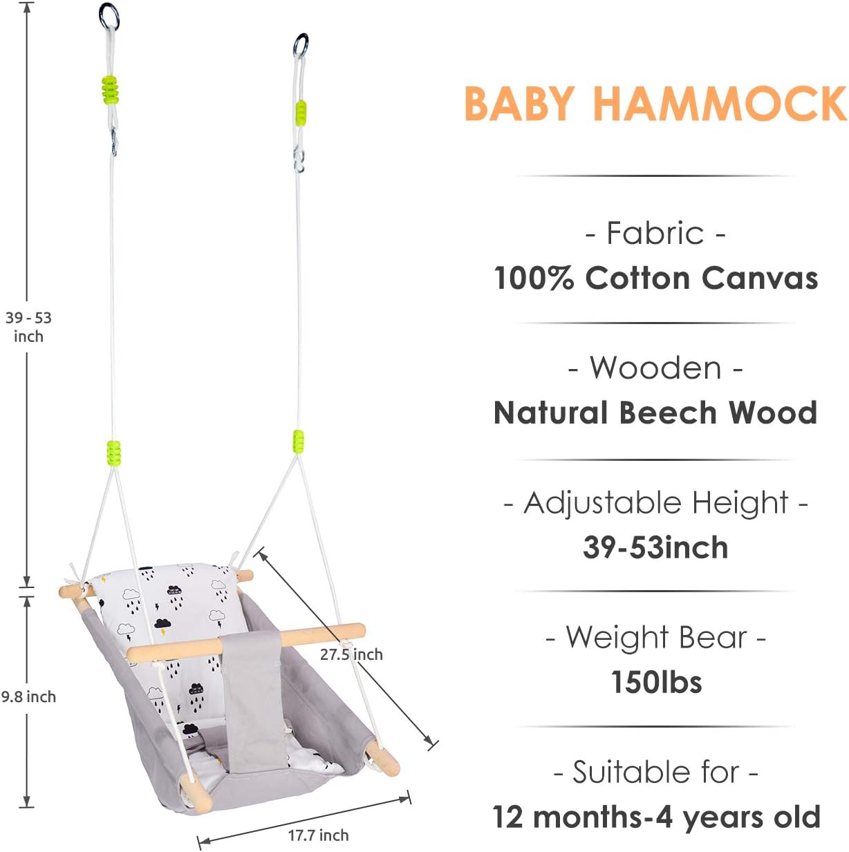 Baby Swing for Baby and Toddler, Canvas Baby Hammock Swing Indoor and Outdoor with Safety Belt and Mounting Hardware, Wooden Hanging Swing Seat Chair for Baby up to 4 Year - Little Cloud