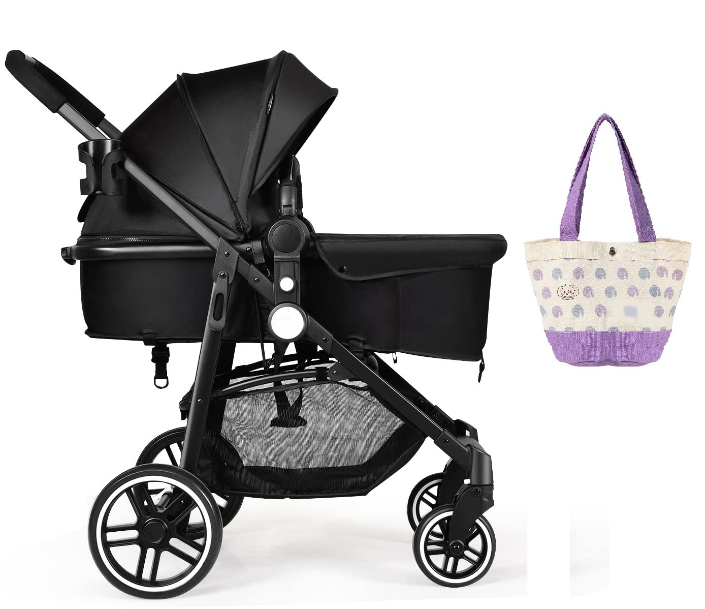 Baby Stroller, High Landscape Infant Stroller and Reversible Bassinet Pram, Foldable Pushchair with Adjustable Canopy, Cup Holder, Storage Basket, Suspension Wheels (Black)