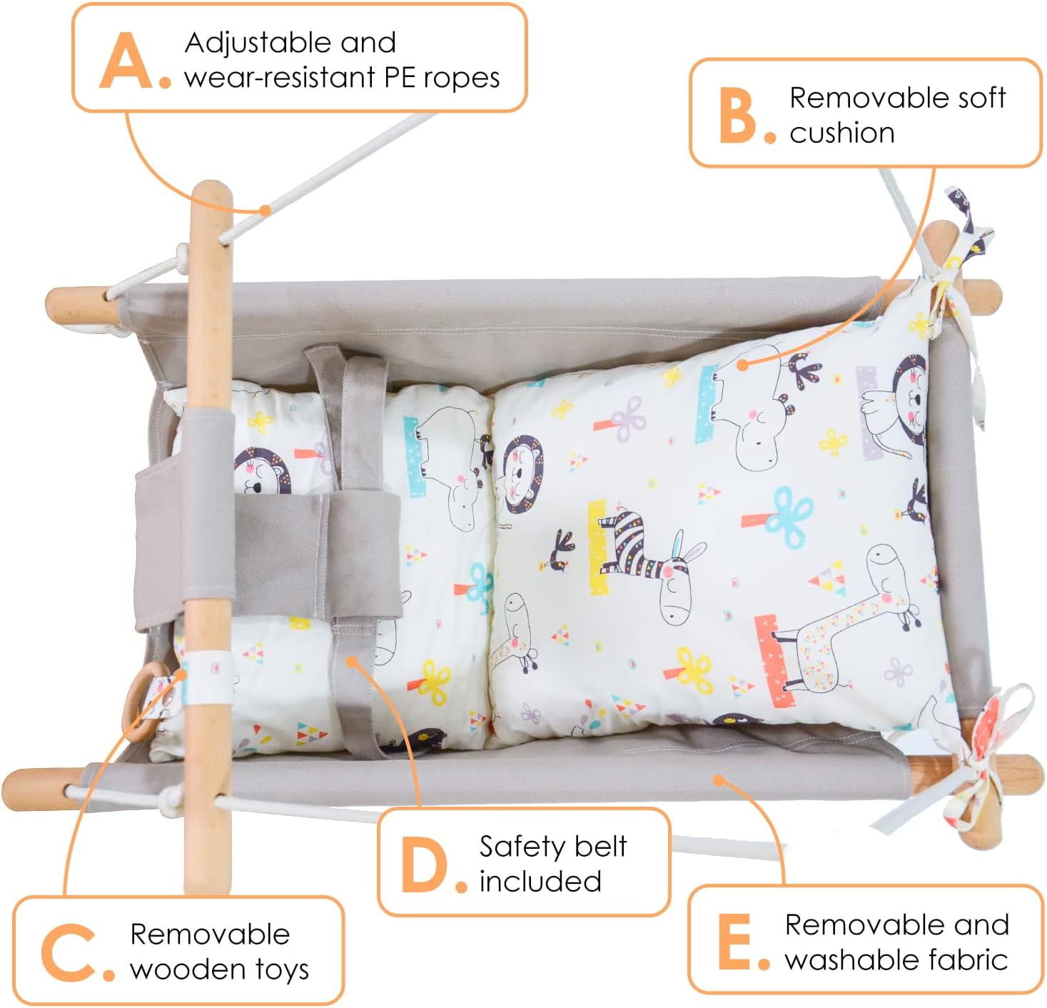 Baby Swing for Baby and Toddler, Canvas Baby Hammock Swing Indoor and Outdoor with Safety Belt and Mounting Hardware, Wooden Hanging Swing Seat Chair for Baby up to 4 Year - Little Cloud