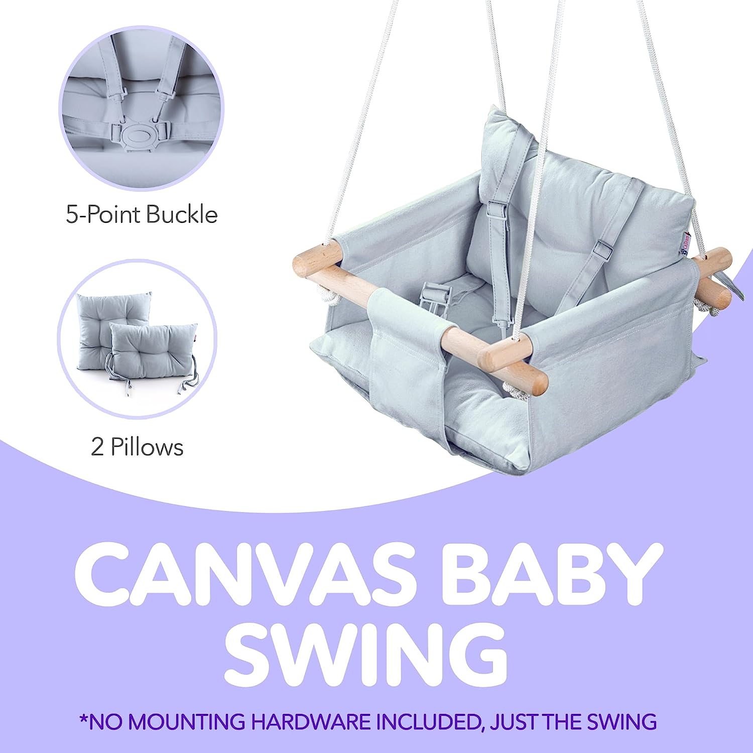 Canvas Baby Swing, Wooden Hanging Swing Seat Chair with Safety Belt, Durable Baby Hammock Chair, Outdoor and Indoor Swing for Kids, Mounting Hardware Included, Ivory