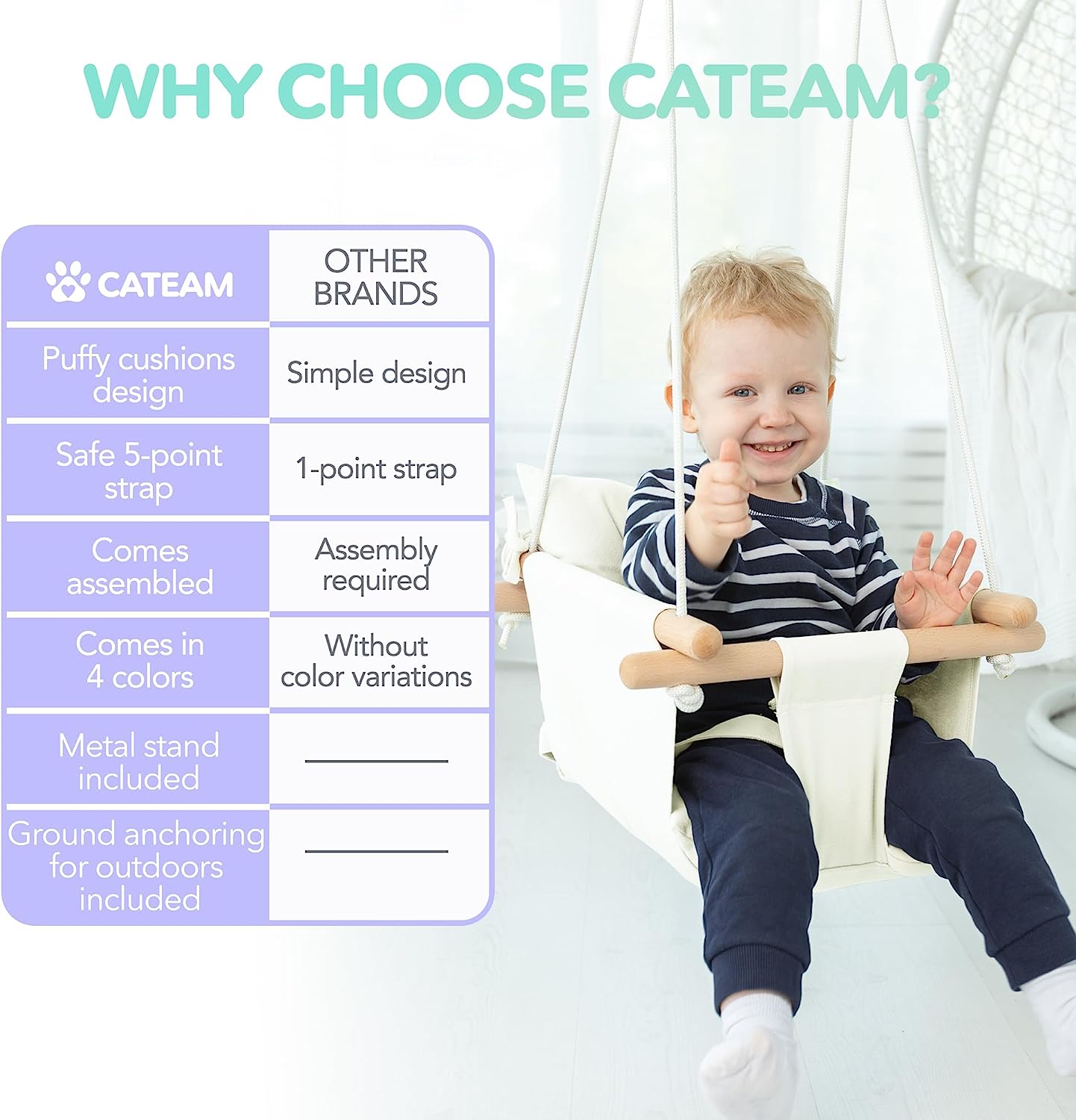 Canvas Baby Swing, Wooden Hanging Swing Seat Chair with Safety Belt, Durable Baby Hammock Chair, Outdoor and Indoor Swing for Kids, Mounting Hardware Included, Ivory