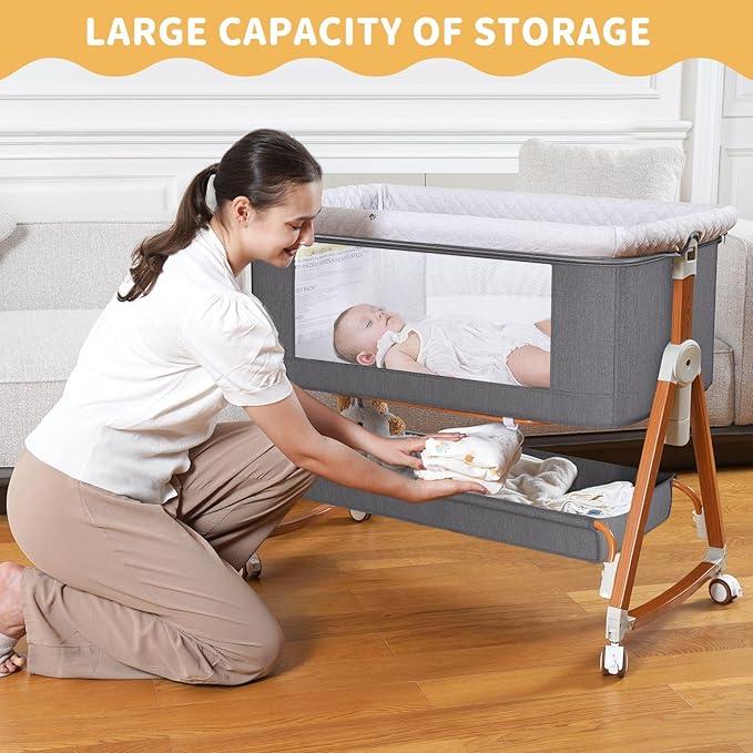 Baby Bassinet Sleeper, 6 Height Adjustable Cribs,Easy to Fold Portable Crib Side Bassinet, SwingCradle Bed Side Sleeper with VentilatedNet&Wheels