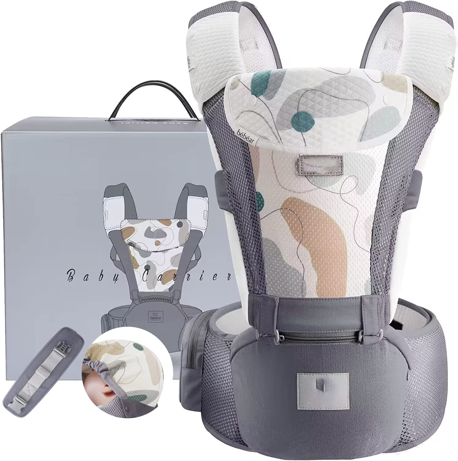 Baby Carrier Newborn to Toddler Baby Hip Carrier with Head Hood,Waist Extender & 3 Pieces Teething Pads (Grey)