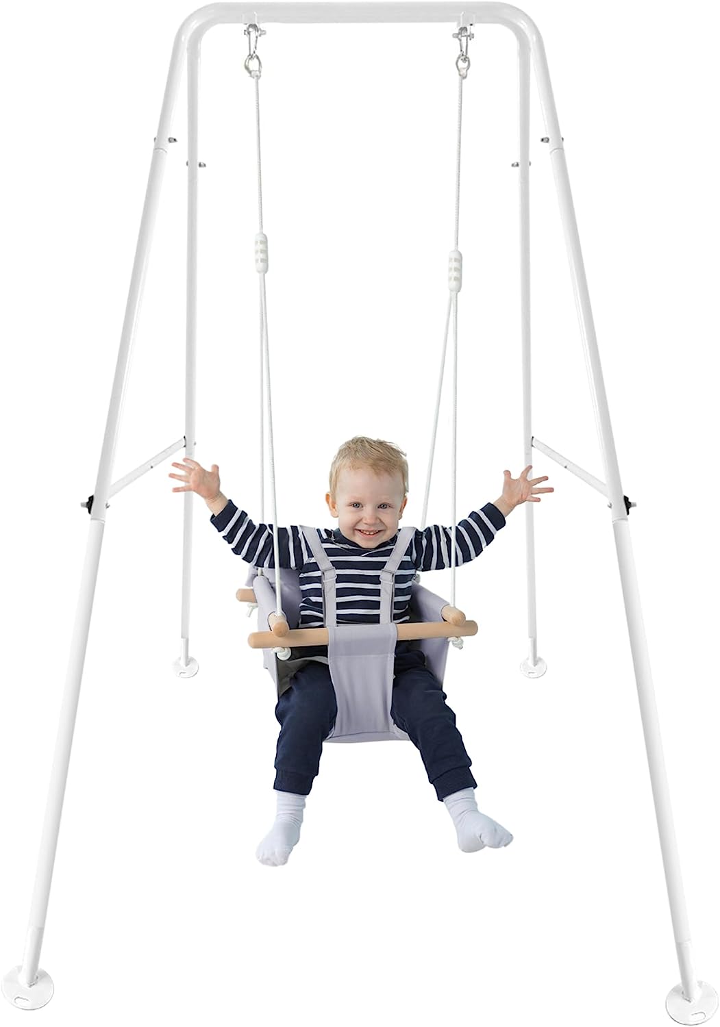Canvas Baby Swing, Wooden Hanging Swing Seat Chair with Safety Belt, Durable Baby Hammock Chair, Outdoor and Indoor Swing for Kids, Mounting Hardware Included, Ivory