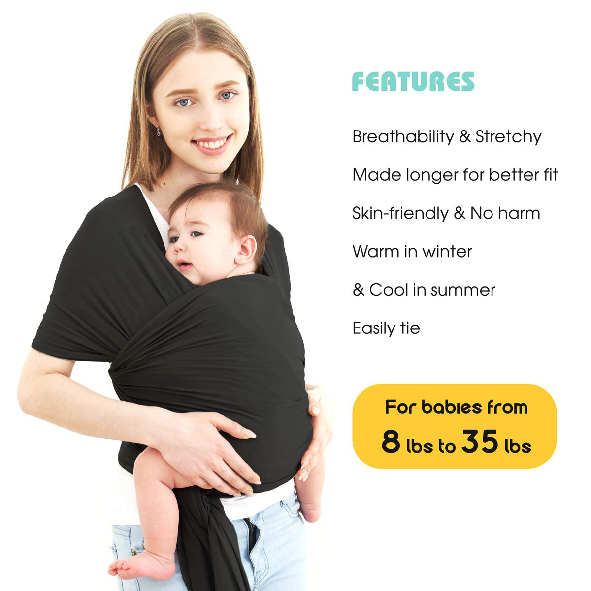 Baby Wrap Carrier,Hands Free Baby Carrier Sling,Lightweight,Breathable,Softness,Perfect for Newborn Infants and Babies Shower Gift,Black