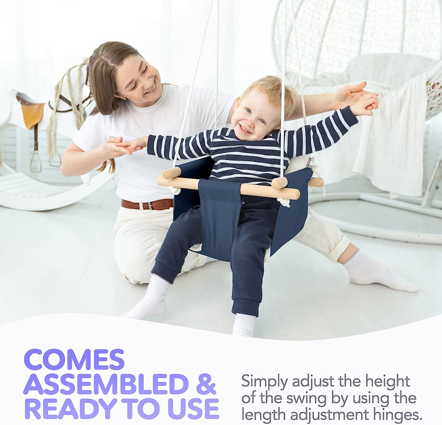 Canvas Baby Swing, Wooden Hanging Swing Seat Chair with Safety Belt, Durable Baby Hammock Chair, Outdoor and Indoor Swing for Kids, Mounting Hardware Included, Ivory