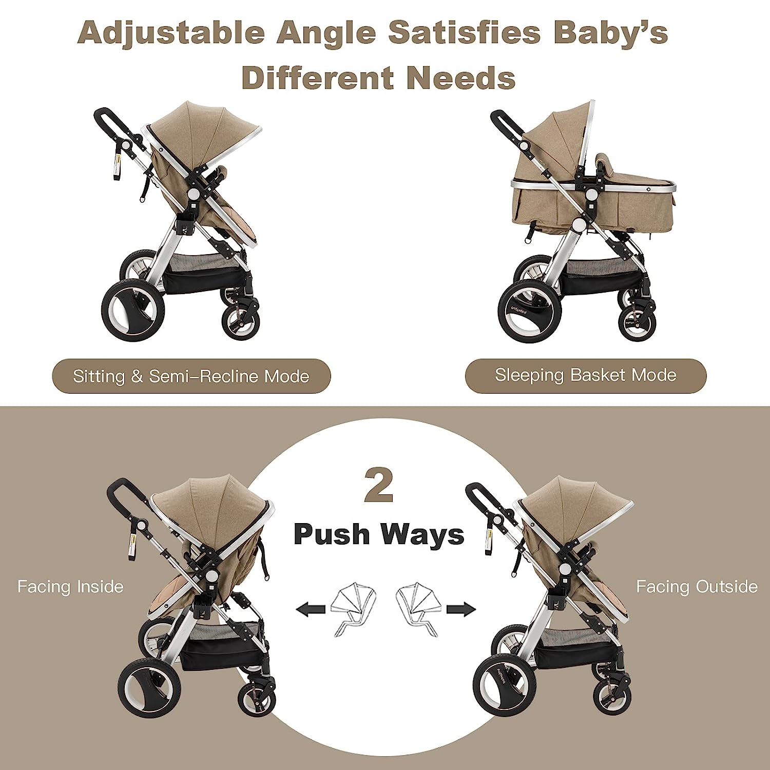 Baby Stroller, 2-in-1 Convertible Bassinet Reclining Stroller, Foldable Pram Carriage with 5-Point Harness, Including Cup Holder, Foot Cover, Diaper Bag, Aluminum Structure, Khaki