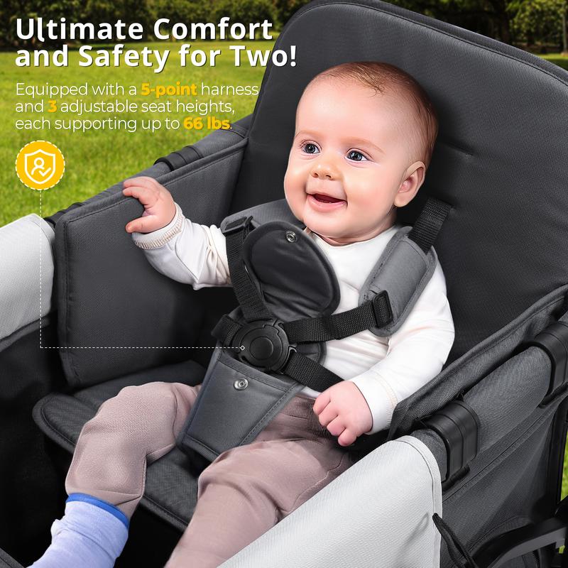 Baby Stroller Wagon, All-Terrain 2 Seaters BabyWagon with Canopy, Parent Organizer, AdjustableHandle & Pull Bar for Infants and Toddlers