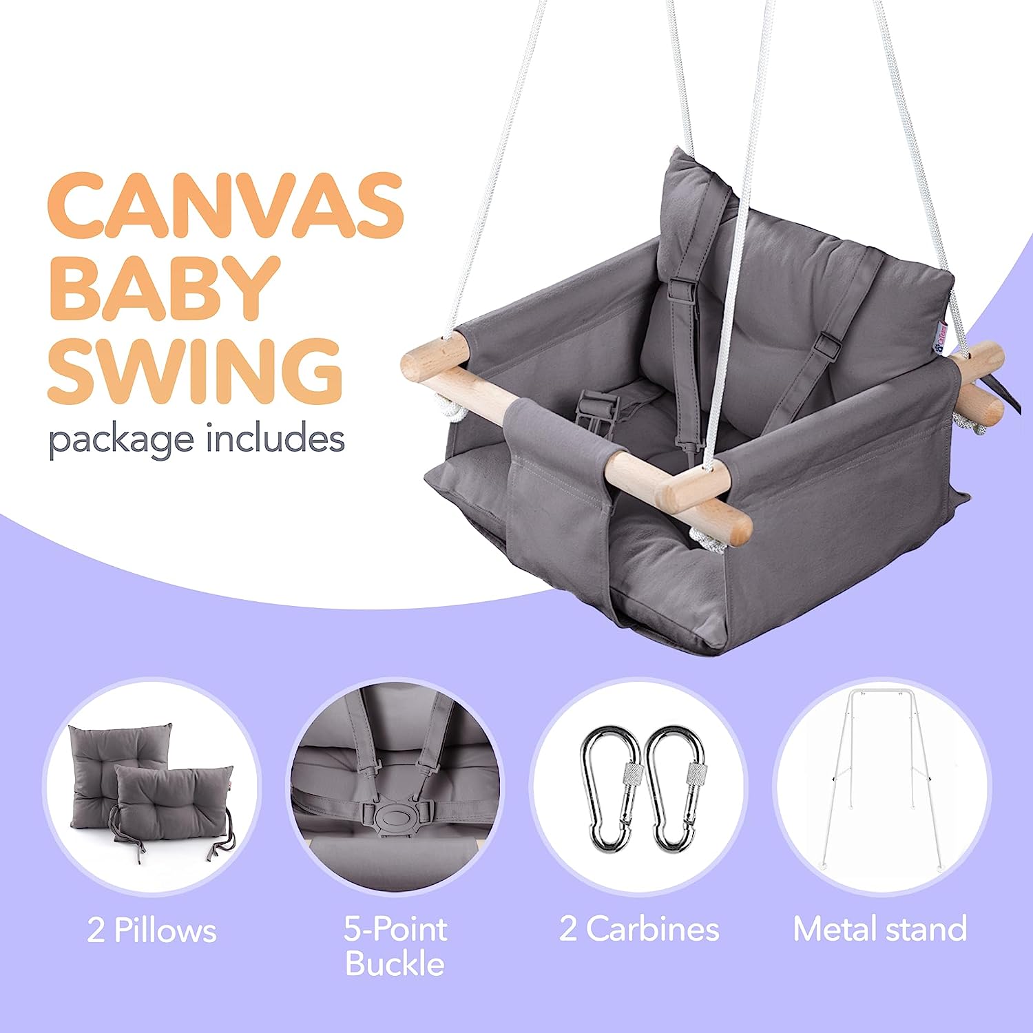 Canvas Baby Swing, Wooden Hanging Swing Seat Chair with Safety Belt, Durable Baby Hammock Chair, Outdoor and Indoor Swing for Kids, Mounting Hardware Included, Ivory