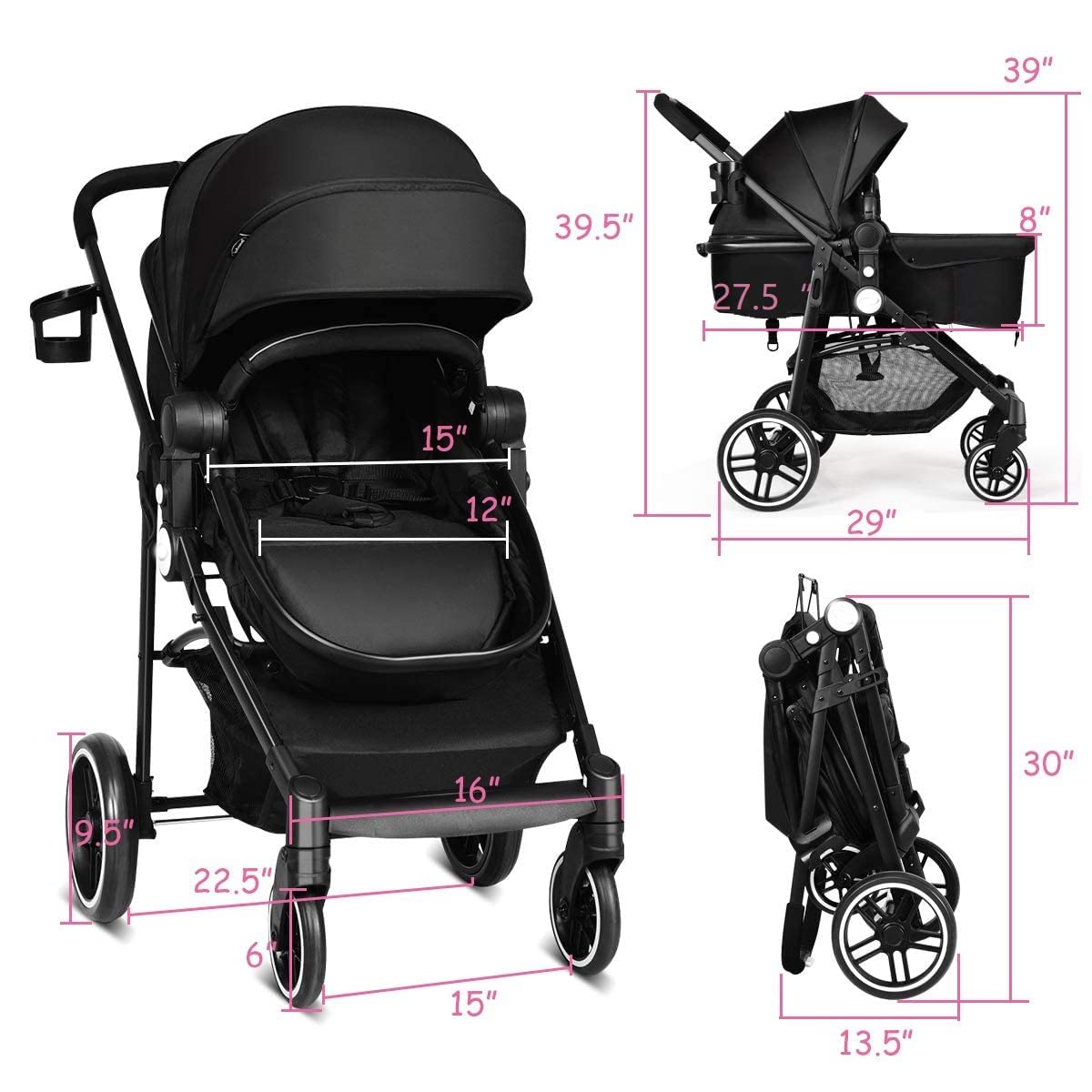 Baby Stroller, High Landscape Infant Stroller and Reversible Bassinet Pram, Foldable Pushchair with Adjustable Canopy, Cup Holder, Storage Basket, Suspension Wheels (Black)