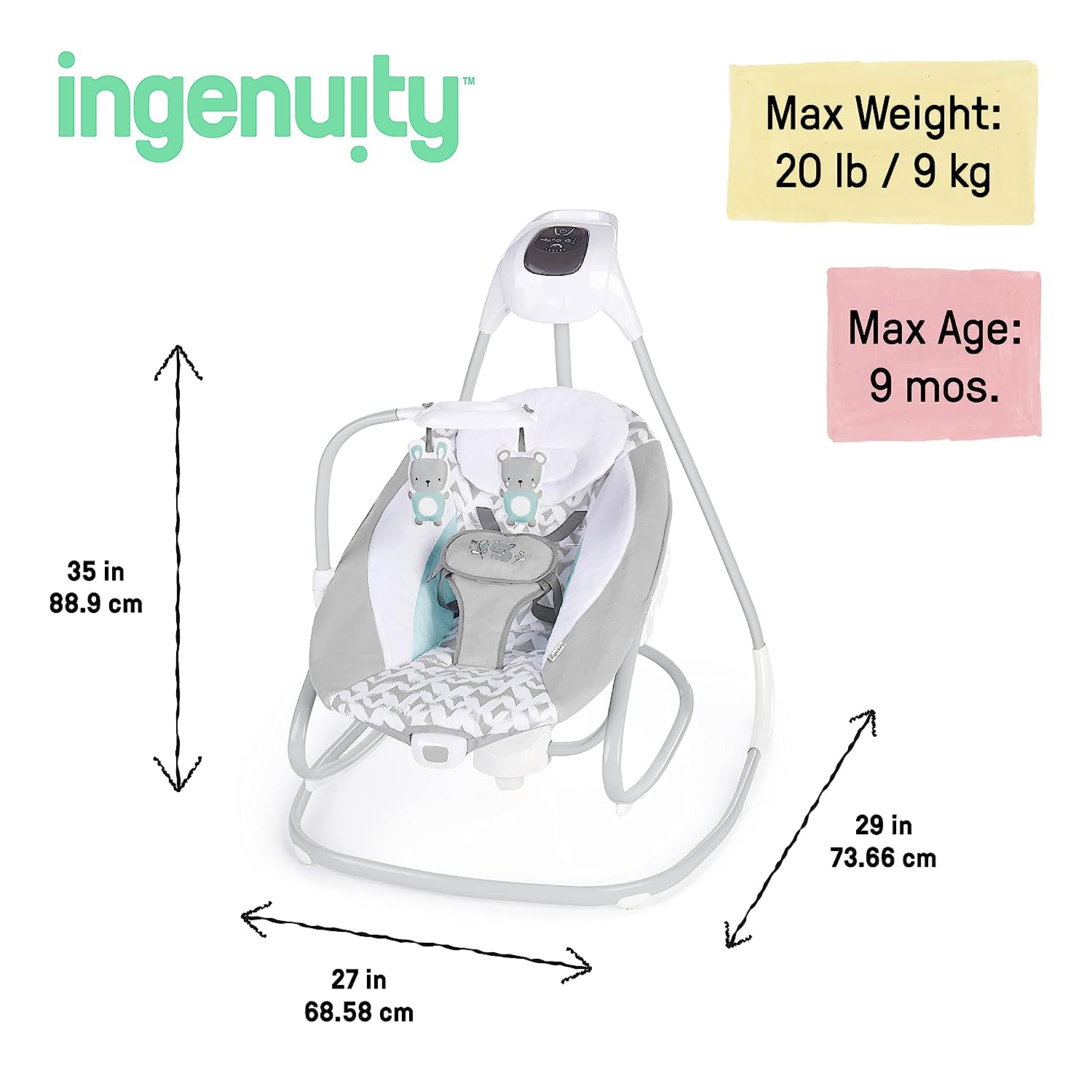 Lightweight Compact 6-Speed Multi-Direction Baby Swing, Vibrations & Nature Sounds, 0-9 Months 6-20 lbs (Pink Cassidy)