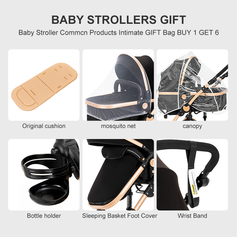 Newborn Baby Bassinet Stroller 3 in 1 High-View Convertible Stroller with Reversible Seat Anti-Shock Pushchair Strollers
