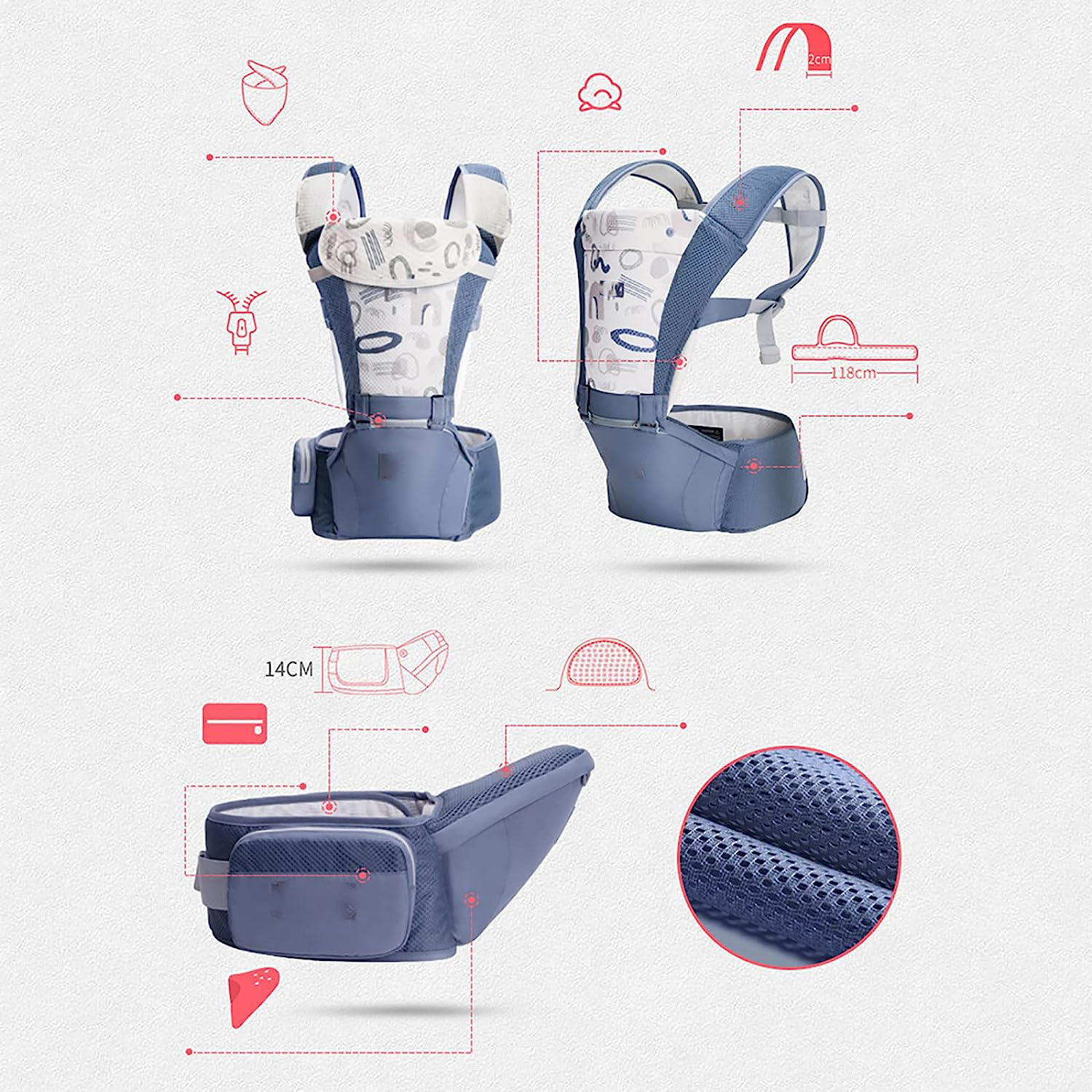 Baby Carrier Newborn to Toddler Baby Hip Carrier with Head Hood,Waist Extender & 3 Pieces Teething Pads (Grey)