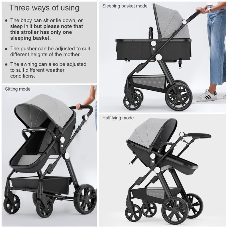 Baby Stroller Newborn Carriage Infant Reversible Bassinet to Luxury Toddler Vista Seat for Boy Girl Compact Single All Terrain Babies Pram Strollers Add Stroller Cover, Cup Holder, Net