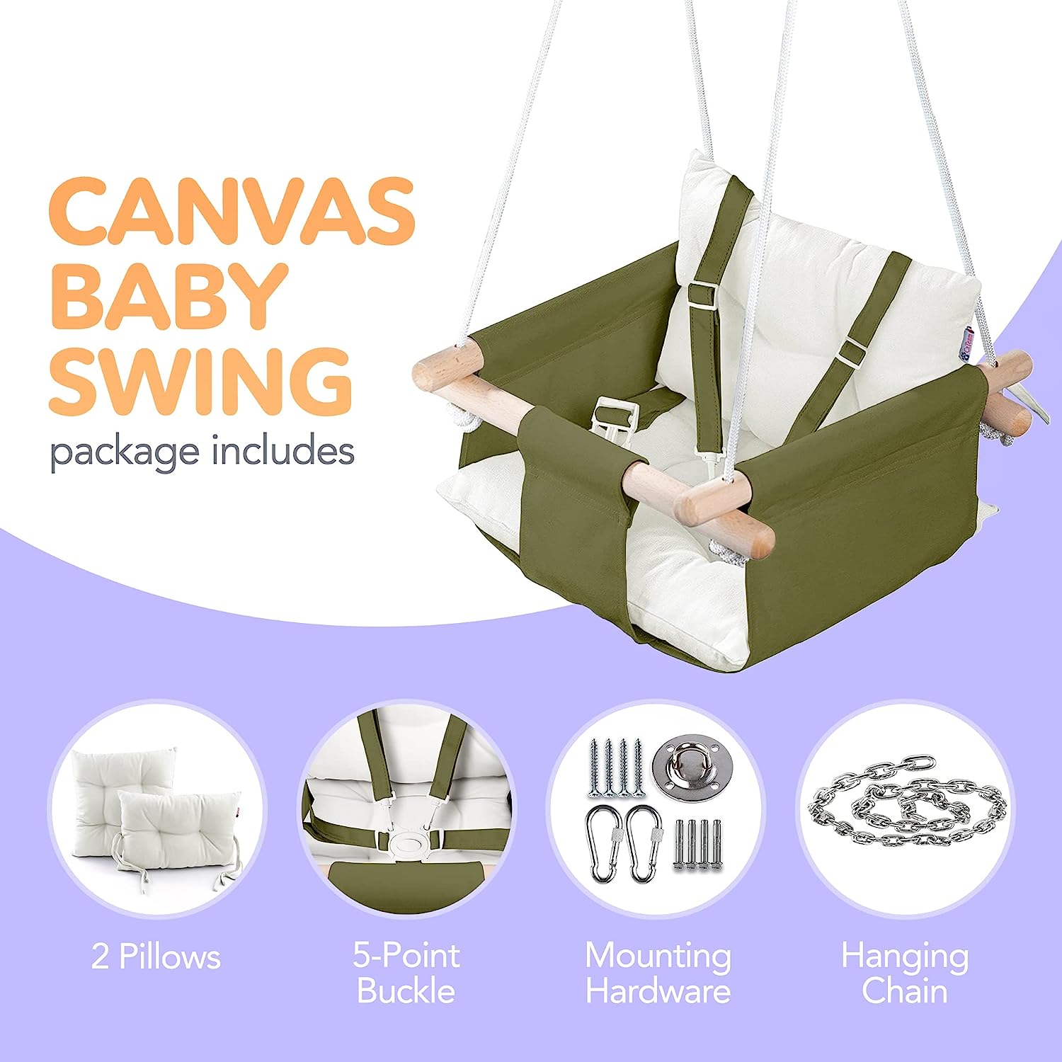 Canvas Baby Swing, Wooden Hanging Swing Seat Chair with Safety Belt, Durable Baby Hammock Chair, Outdoor and Indoor Swing for Kids, Mounting Hardware Included, Ivory