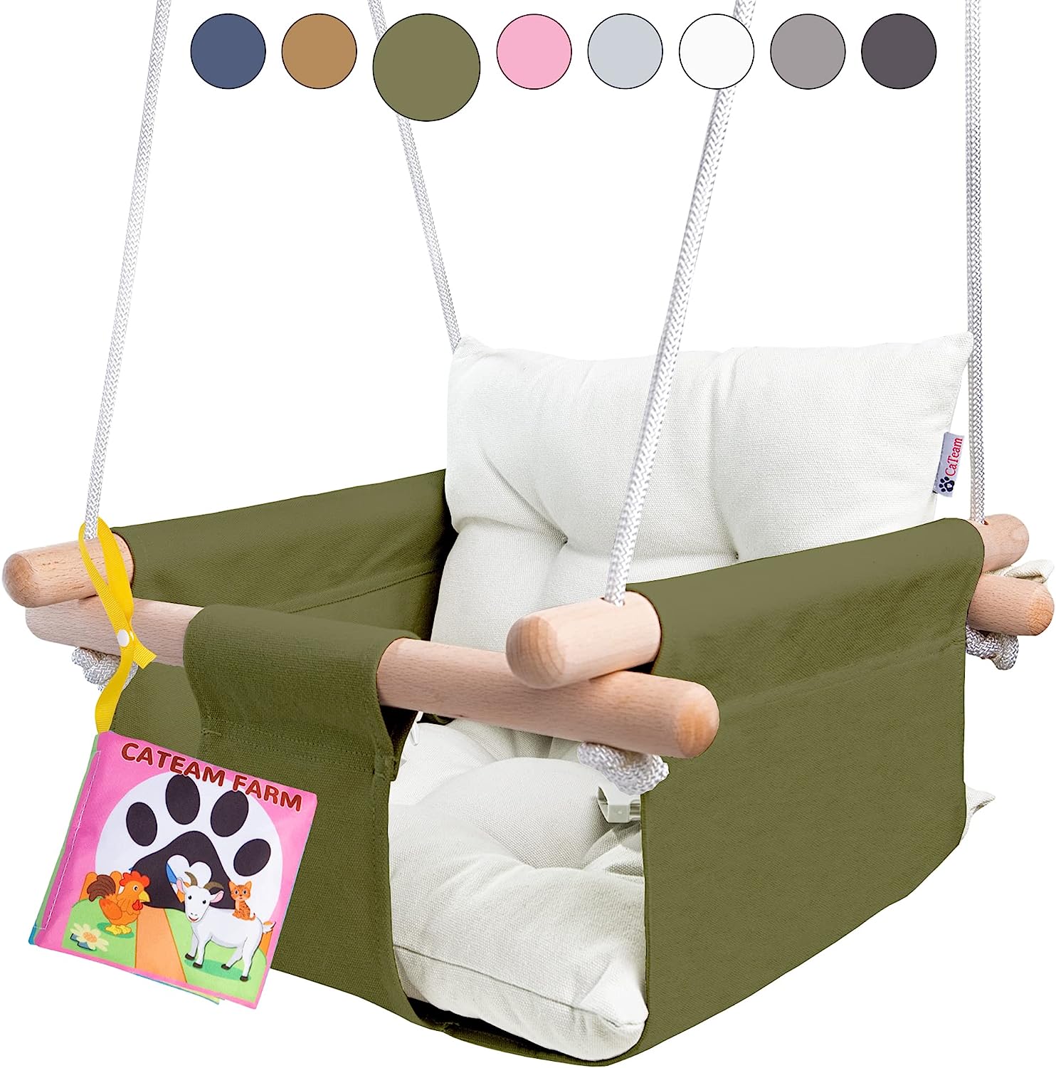 Canvas Baby Swing, Wooden Hanging Swing Seat Chair with Safety Belt, Durable Baby Hammock Chair, Outdoor and Indoor Swing for Kids, Mounting Hardware Included, Ivory