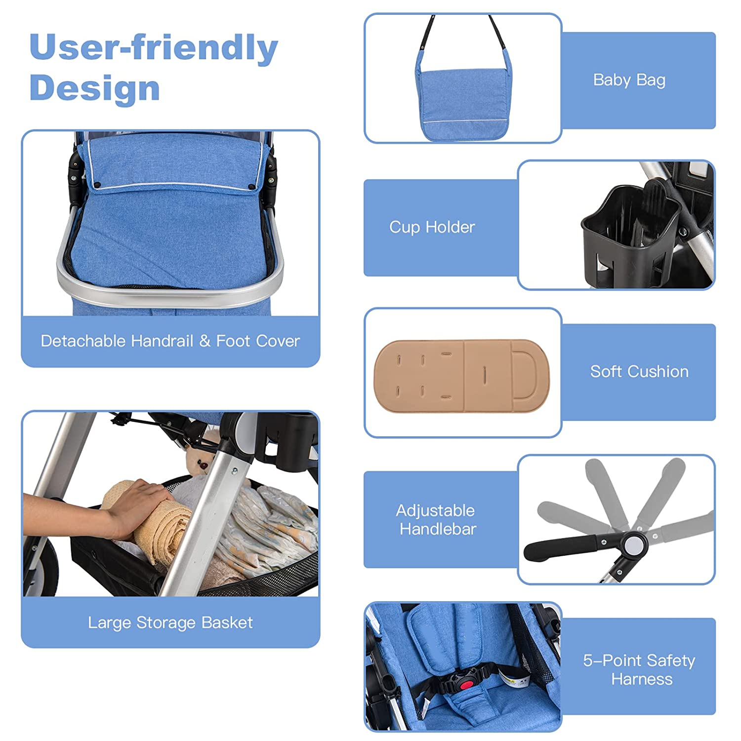 Baby Stroller, 2-in-1 Convertible Bassinet Reclining Stroller, Foldable Pram Carriage with 5-Point Harness, Including Cup Holder, Foot Cover, Diaper Bag, Aluminum Structure, Khaki