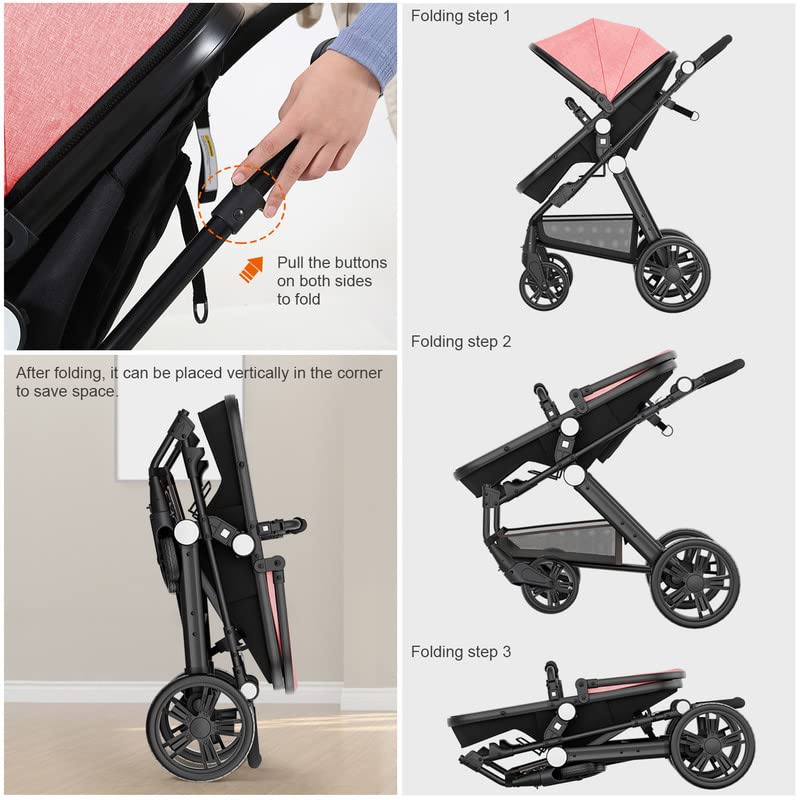 Baby Stroller Newborn Carriage Infant Reversible Bassinet to Luxury Toddler Vista Seat for Boy Girl Compact Single All Terrain Babies Pram Strollers Add Stroller Cover, Cup Holder, Net