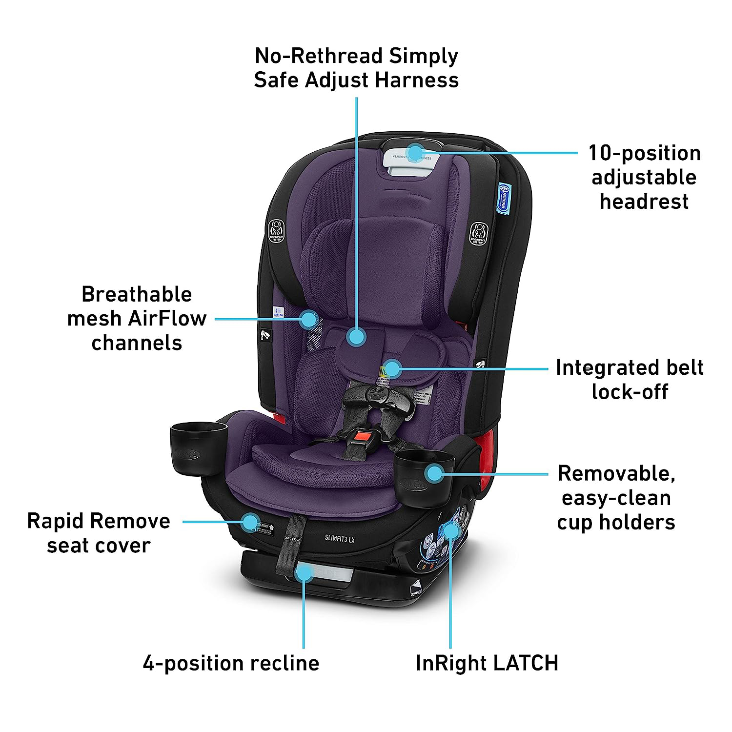 Slimfit 3 in 1 Car Seat -Slim & Comfy Design Saves Space in Your Back Seat, Darcie, One Size