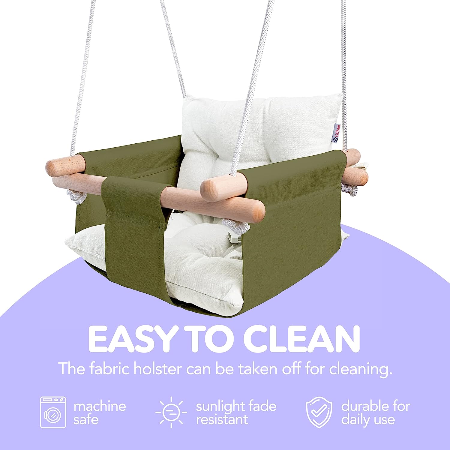 Canvas Baby Swing, Wooden Hanging Swing Seat Chair with Safety Belt, Durable Baby Hammock Chair, Outdoor and Indoor Swing for Kids, Mounting Hardware Included, Ivory