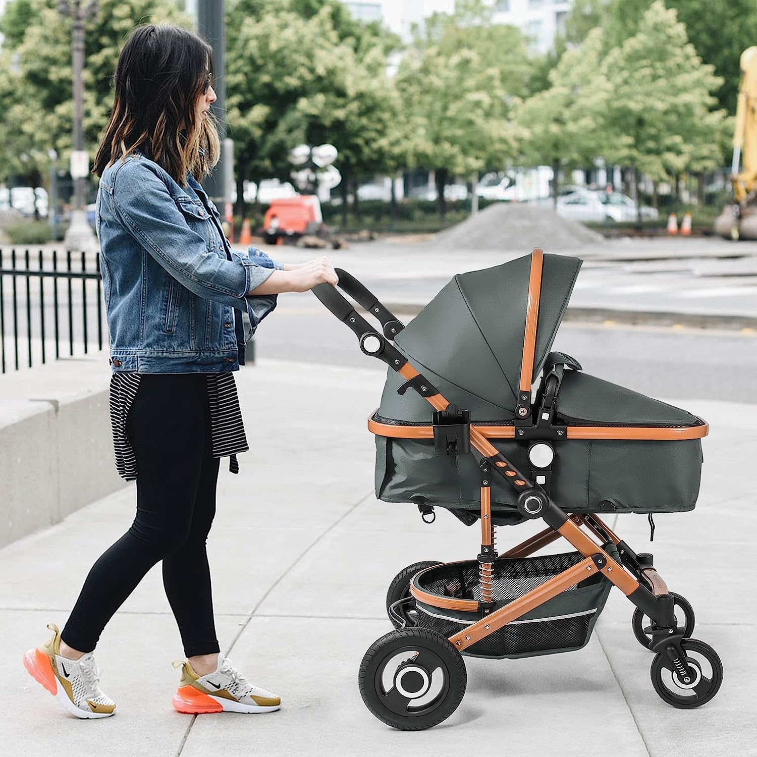 Baby Stroller, High Landscape Infant Stroller, Newborn Reversible Bassinet Pram, Foldable Pushchair with Foot Cover, Cup Holder, Net, Safety Wrist Strap (Celadon)