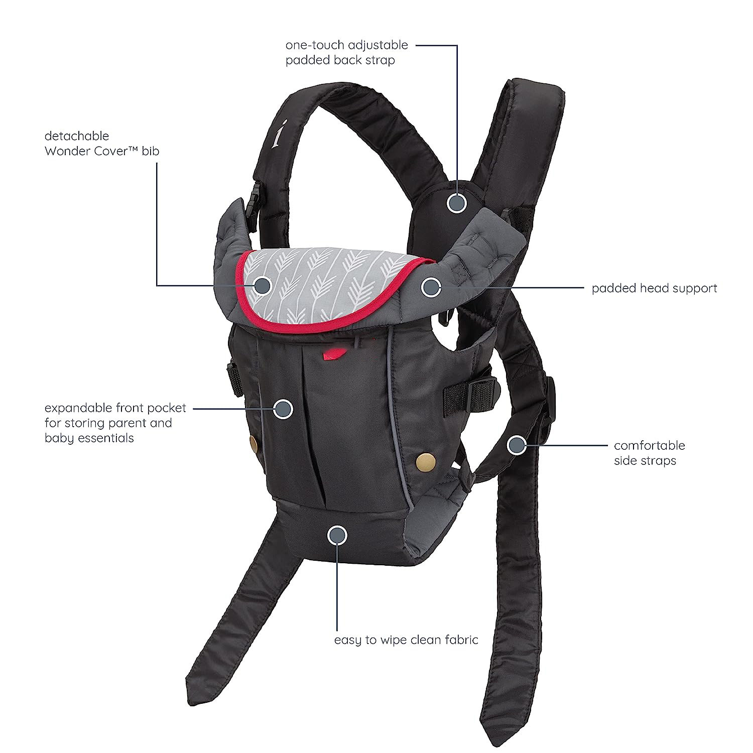 Classic Carrier with Pocket - 2 Ways to Carry Black Carrier with Wonder Bib & Essentials Storage Front Pocket, Adjustable Back Strap, 1-Piece