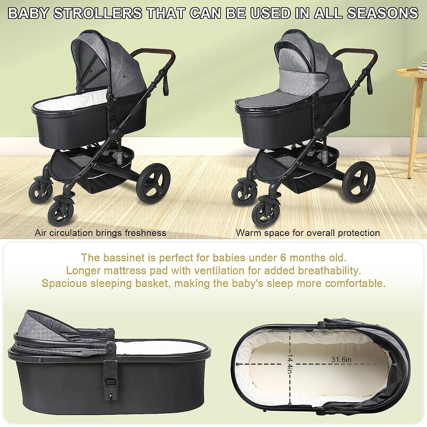 Newborn Infant Toddler Baby Stroller - Strollers with Backrest Adjustable Reversible, 2 in 1 High Landscape Convertible Bassinet Foldable Aluminum Alloy 3D Shock Absorption All Terrain Pram