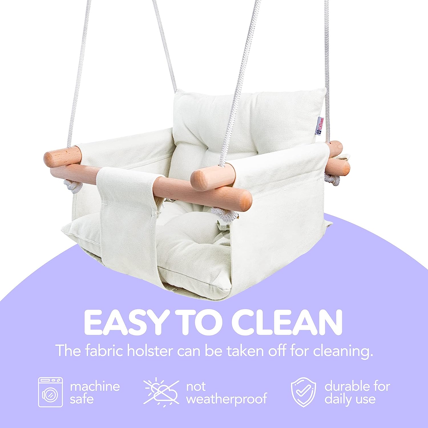 Canvas Baby Swing, Wooden Hanging Swing Seat Chair with Safety Belt, Durable Baby Hammock Chair, Outdoor and Indoor Swing for Kids, Mounting Hardware Included, Ivory