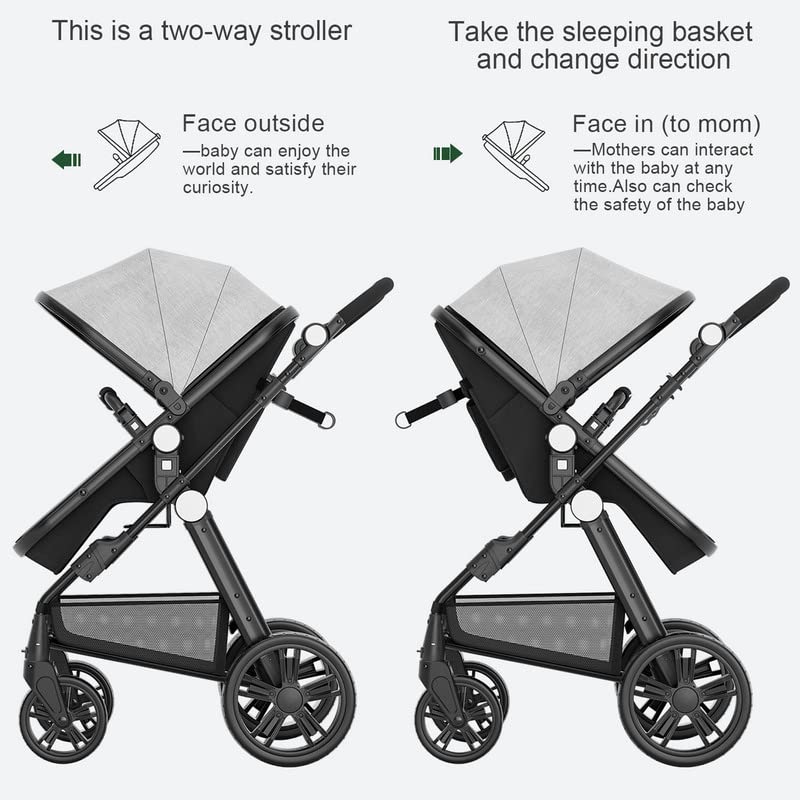 Baby Stroller Newborn Carriage Infant Reversible Bassinet to Luxury Toddler Vista Seat for Boy Girl Compact Single All Terrain Babies Pram Strollers Add Stroller Cover, Cup Holder, Net