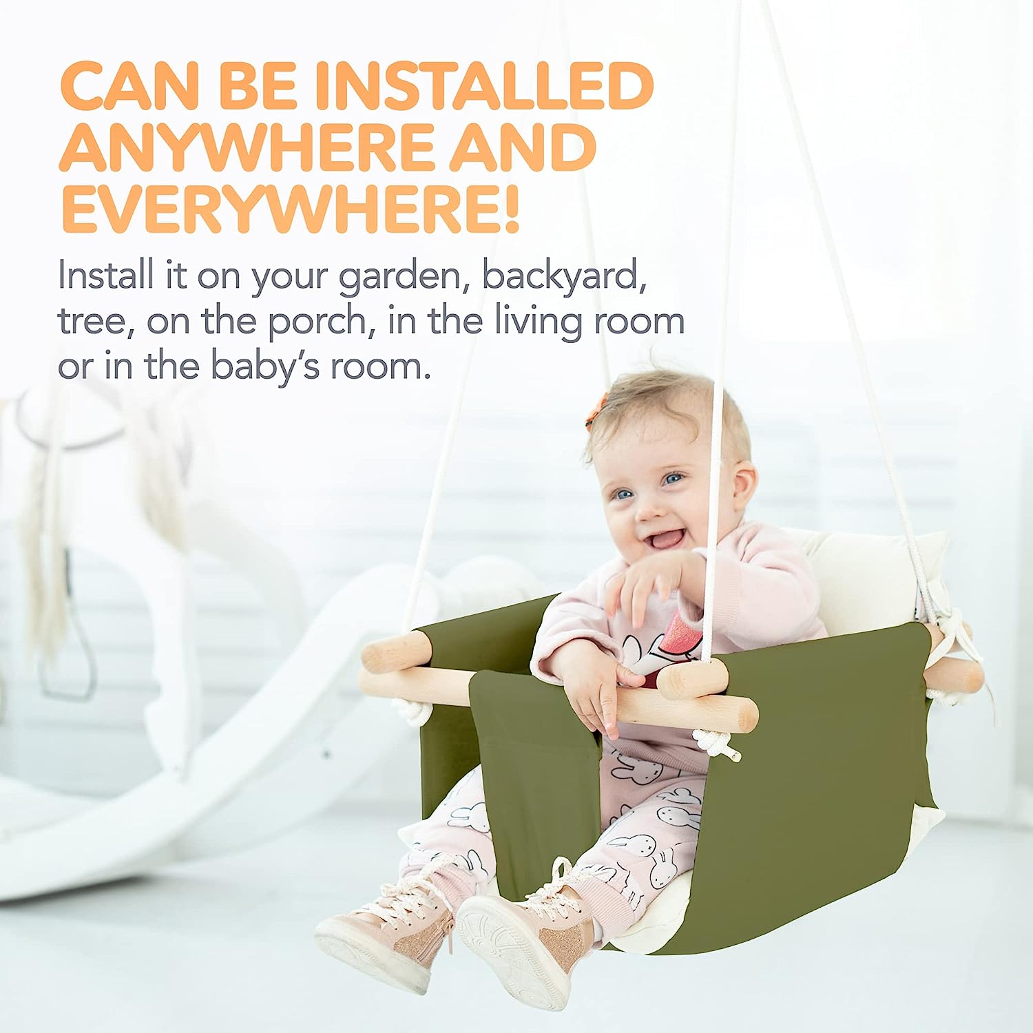 Canvas Baby Swing, Wooden Hanging Swing Seat Chair with Safety Belt, Durable Baby Hammock Chair, Outdoor and Indoor Swing for Kids, Mounting Hardware Included, Ivory