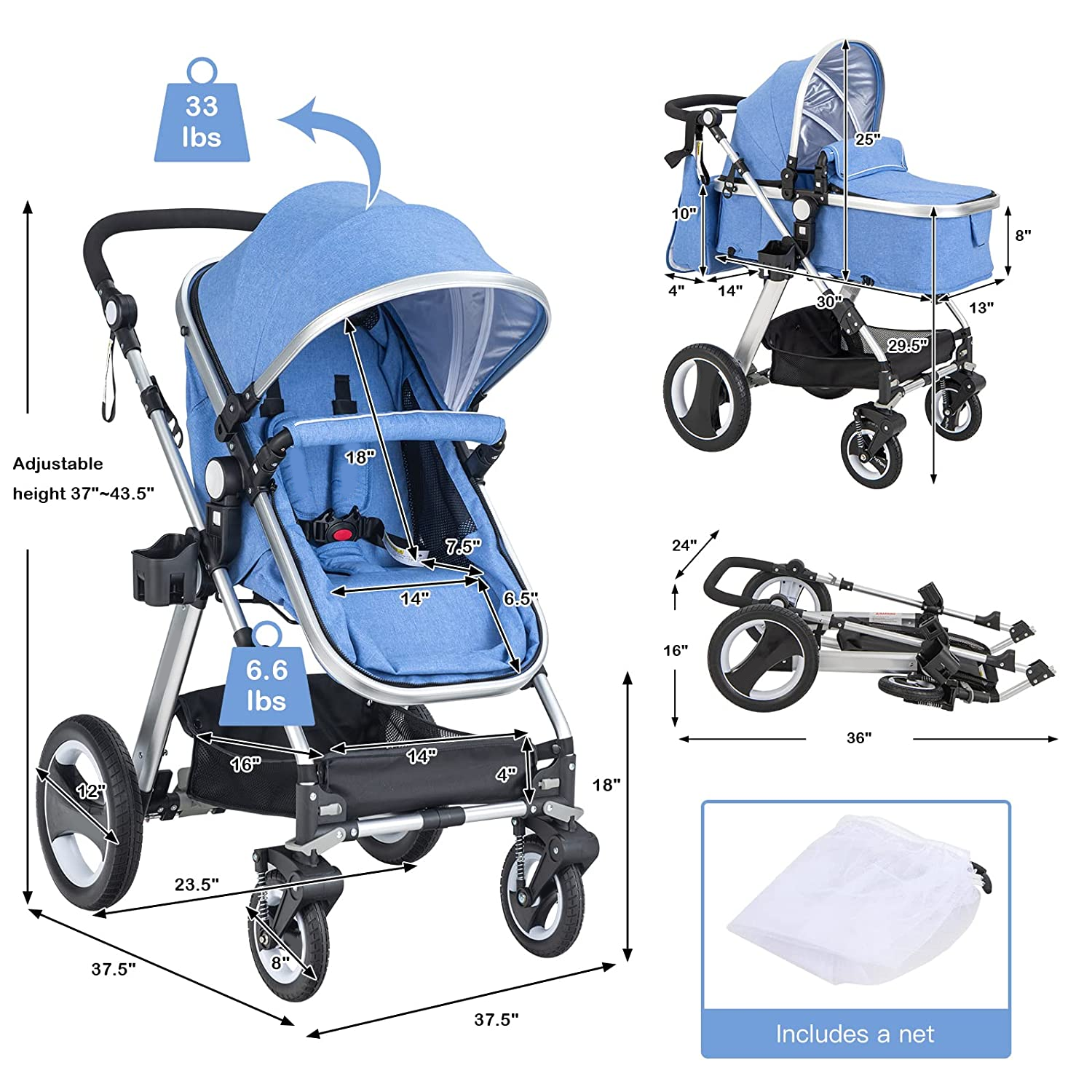 Baby Stroller for Newborn, 2 in 1 High Landscape Infant Stroller & Convertible Bassinet Pram, Adjustable Backrest & Canopy, Cup Holder, Storage Basket, Foldable Pushchair w/Foot Cover (Blue)