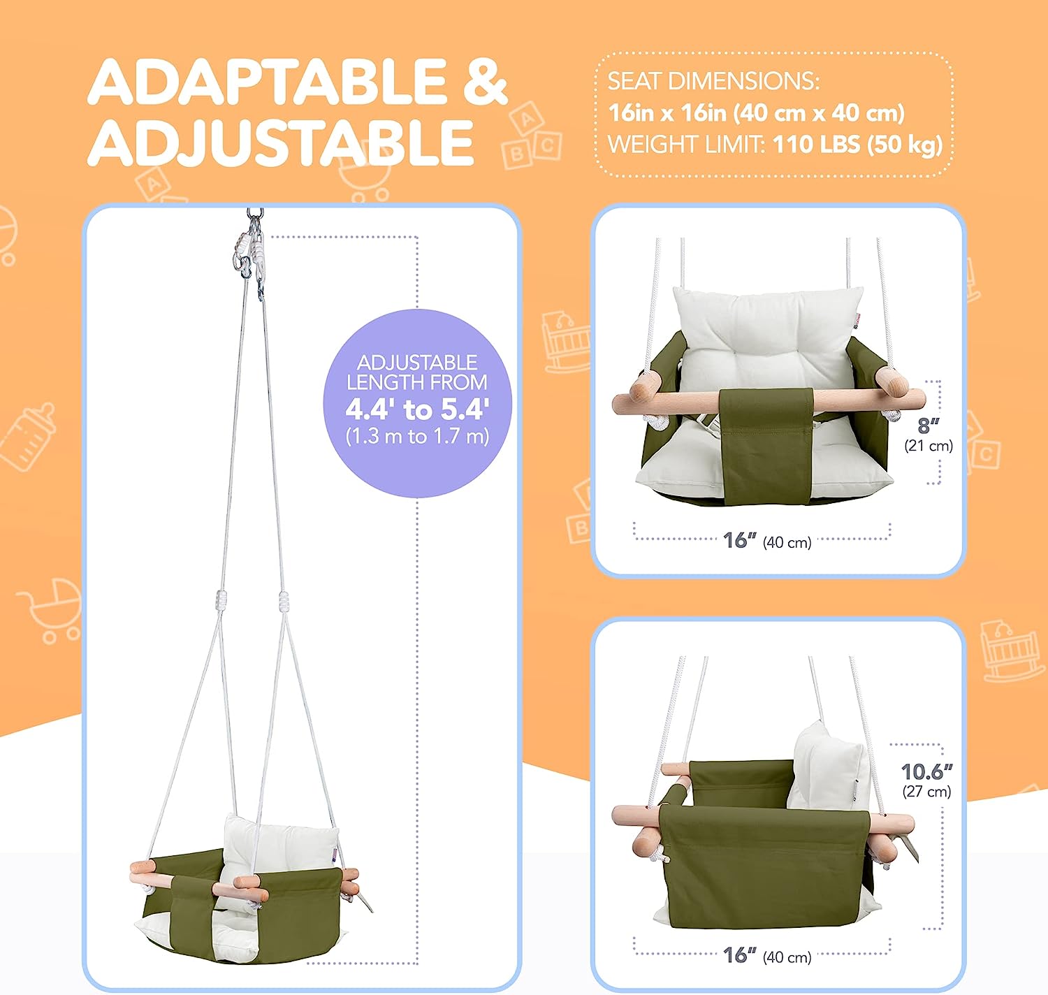 Canvas Baby Swing, Wooden Hanging Swing Seat Chair with Safety Belt, Durable Baby Hammock Chair, Outdoor and Indoor Swing for Kids, Mounting Hardware Included, Ivory