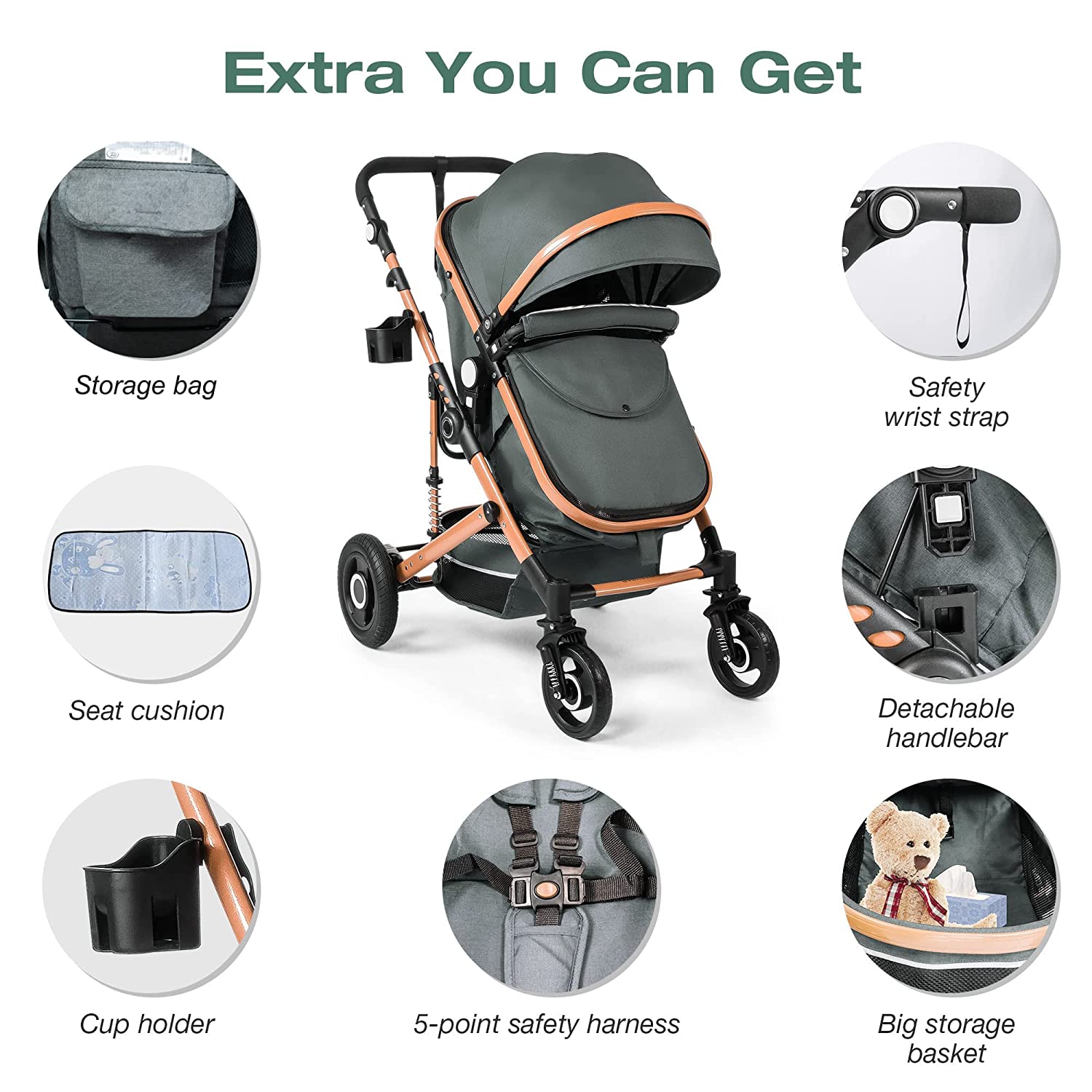 Baby Stroller, High Landscape Infant Stroller, Newborn Reversible Bassinet Pram, Foldable Pushchair with Foot Cover, Cup Holder, Net, Safety Wrist Strap (Celadon)
