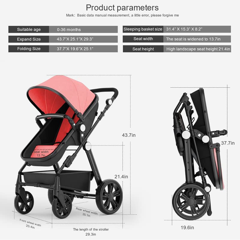 Baby Stroller Newborn Carriage Infant Reversible Bassinet to Luxury Toddler Vista Seat for Boy Girl Compact Single All Terrain Babies Pram Strollers Add Stroller Cover, Cup Holder, Net