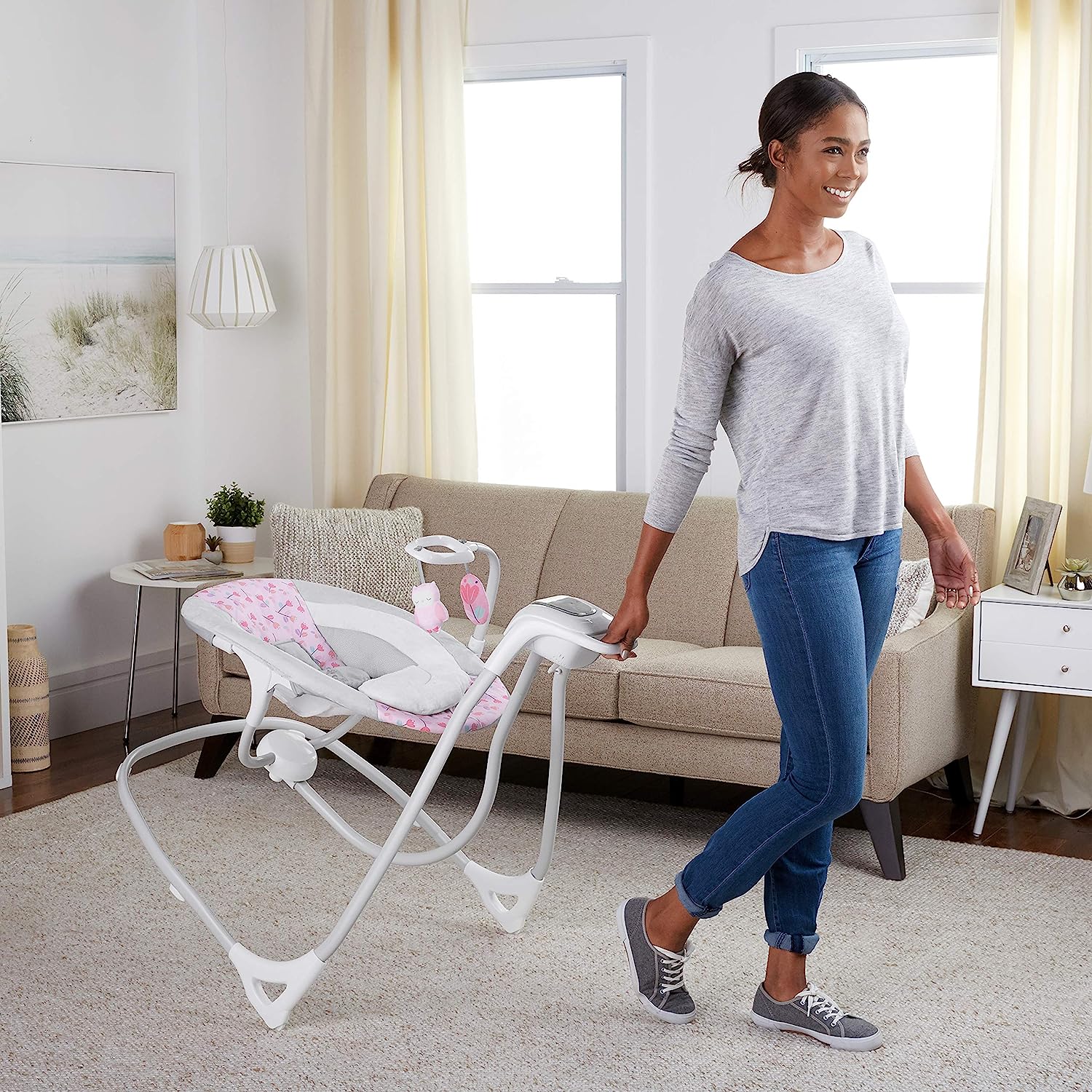 Lightweight Compact 6-Speed Multi-Direction Baby Swing, Vibrations & Nature Sounds, 0-9 Months 6-20 lbs (Pink Cassidy)