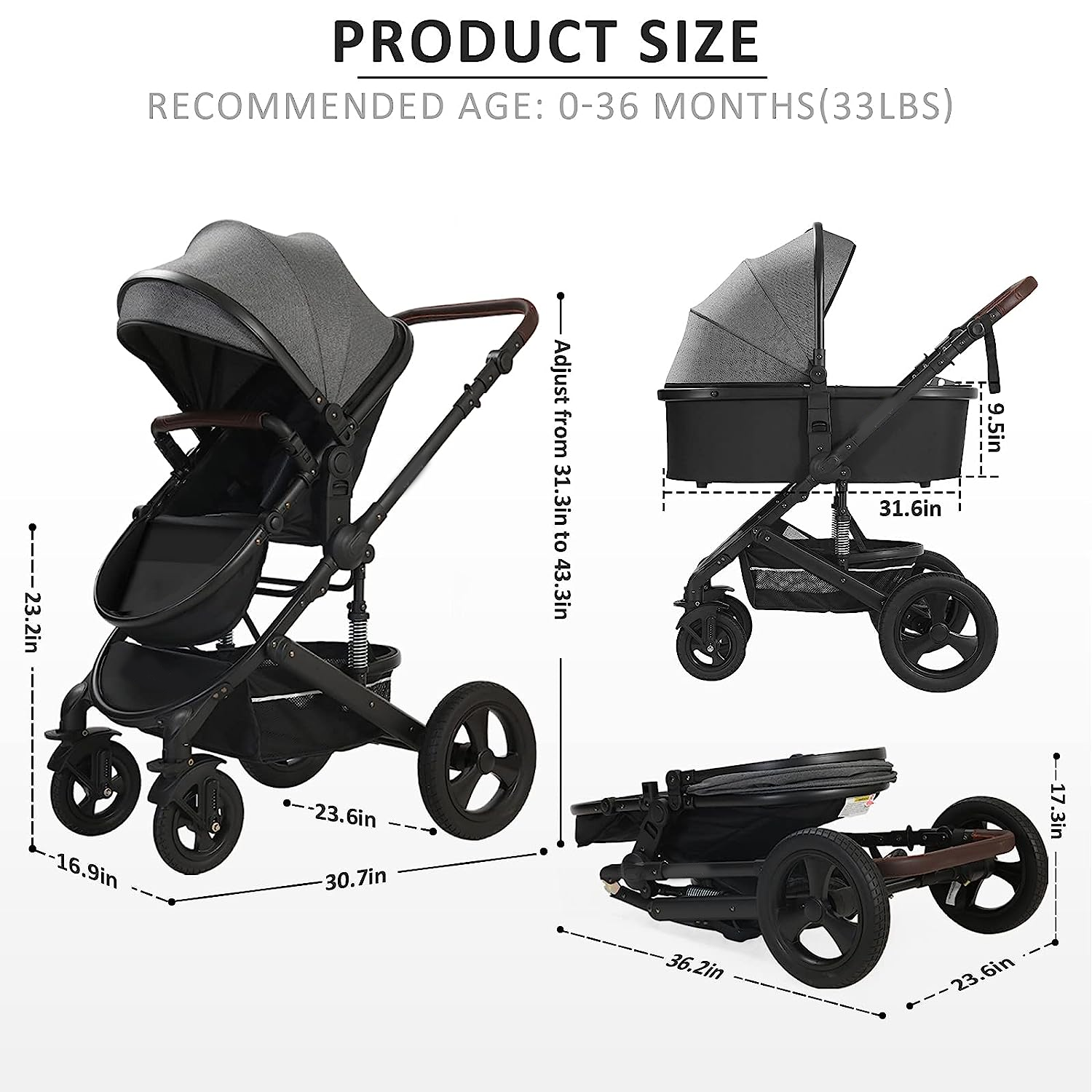 Newborn Infant Toddler Baby Stroller - Strollers with Backrest Adjustable Reversible, 2 in 1 High Landscape Convertible Bassinet Foldable Aluminum Alloy 3D Shock Absorption All Terrain Pram