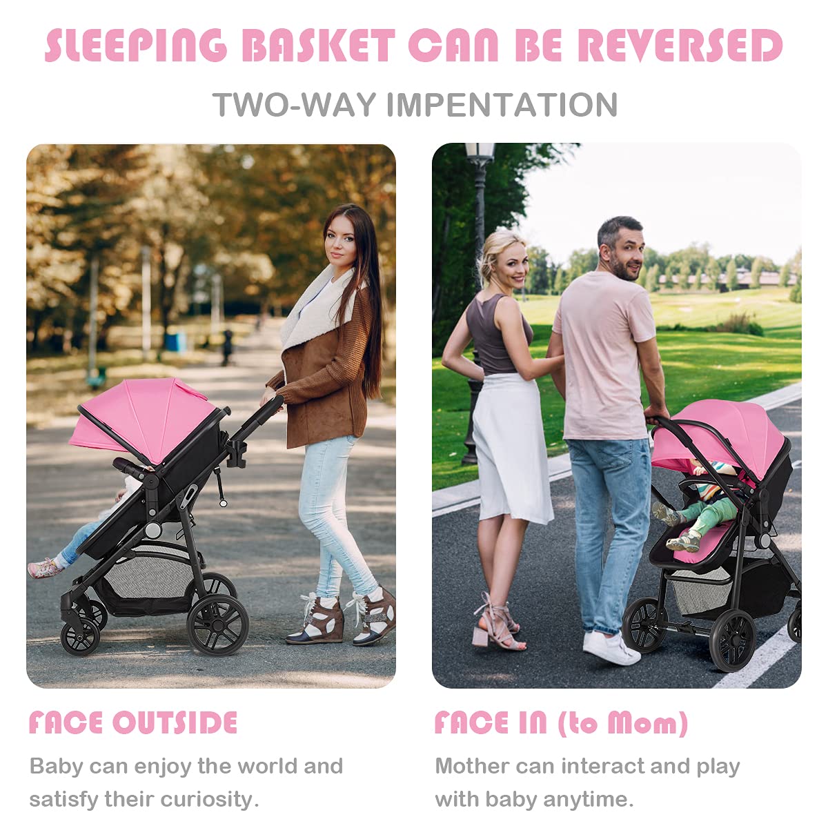 Baby Stroller, High Landscape Convertible Infant Bassinet Stroller, Adjustable Canopy & Backrest, Storage Basket, Cup Holder, Foldable Newborn Carriage Pram Stroller Pink)