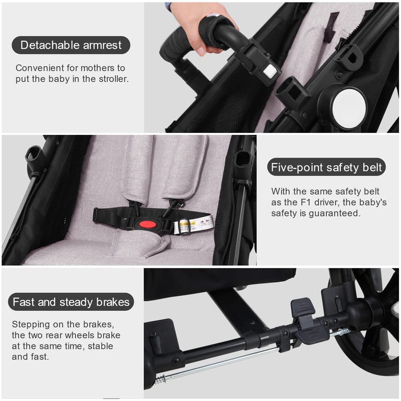Baby Stroller Newborn Carriage Infant Reversible Bassinet to Luxury Toddler Vista Seat for Boy Girl Compact Single All Terrain Babies Pram Strollers Add Stroller Cover, Cup Holder, Net