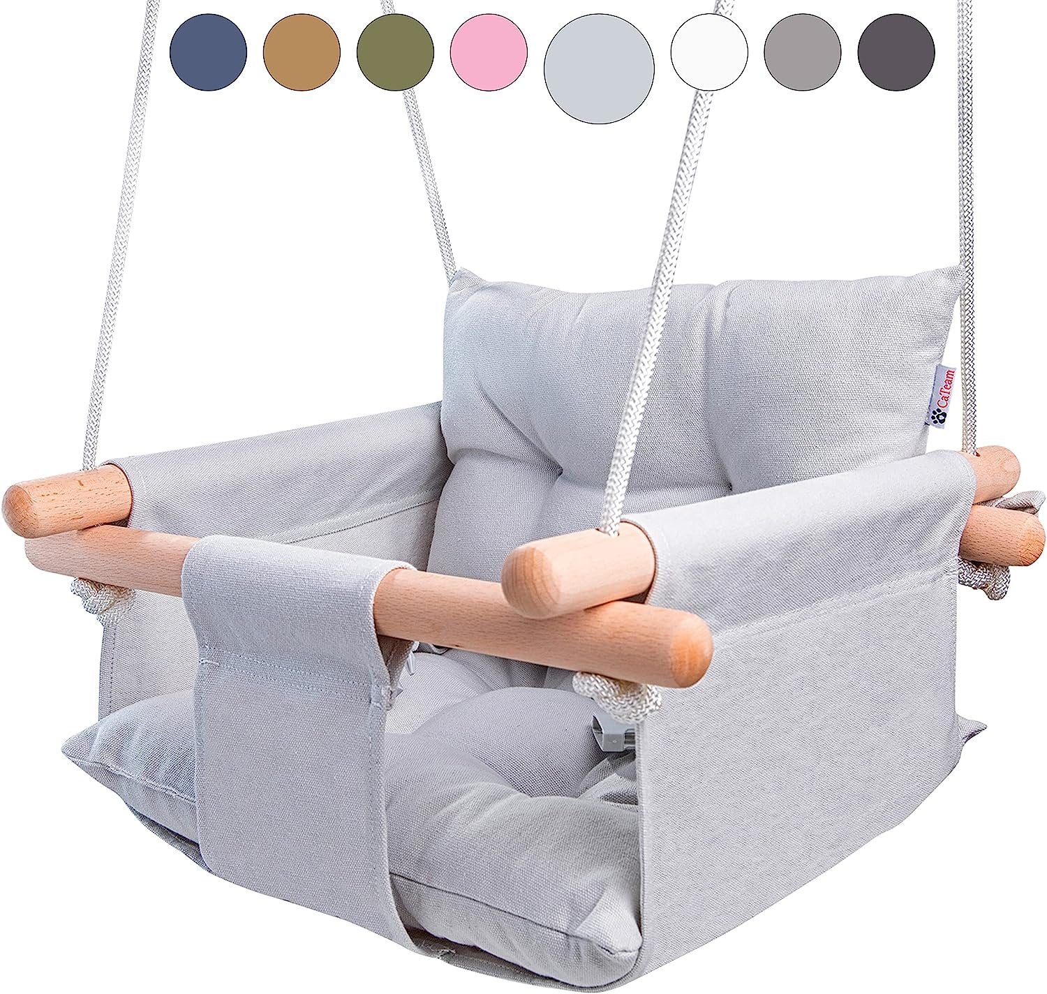 Canvas Baby Swing, Wooden Hanging Swing Seat Chair with Safety Belt, Durable Baby Hammock Chair, Outdoor and Indoor Swing for Kids, Mounting Hardware Included, Ivory