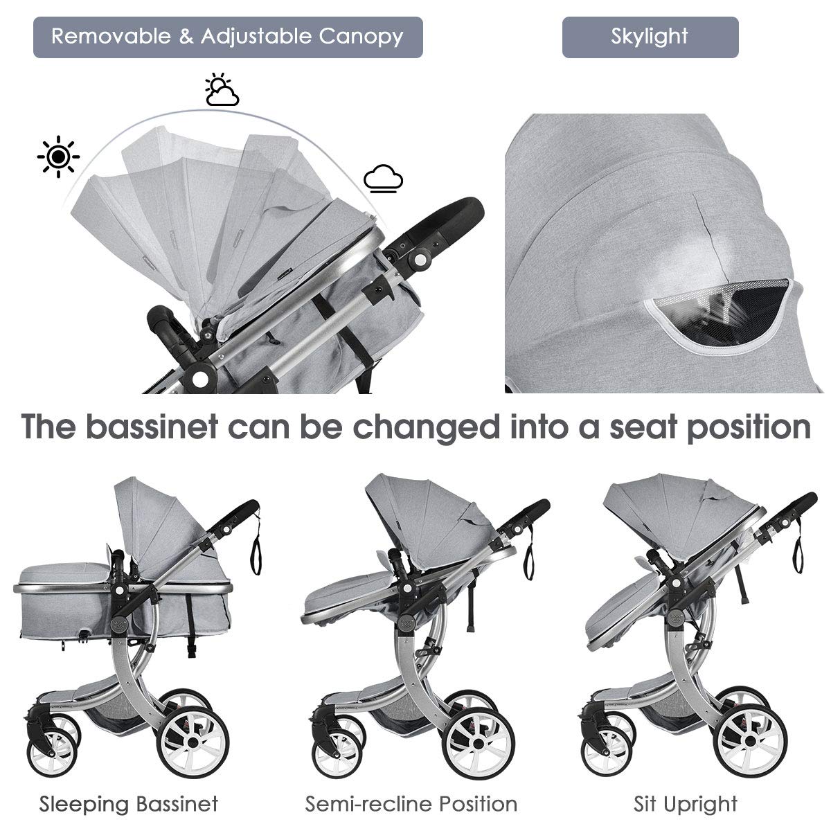Baby Stroller, High Landscape Convertible Infant Bassinet Stroller, Adjustable Canopy & Backrest, Storage Basket, Foot Cover, Foldable Newborn Carriage Pram Stroller (Gray)