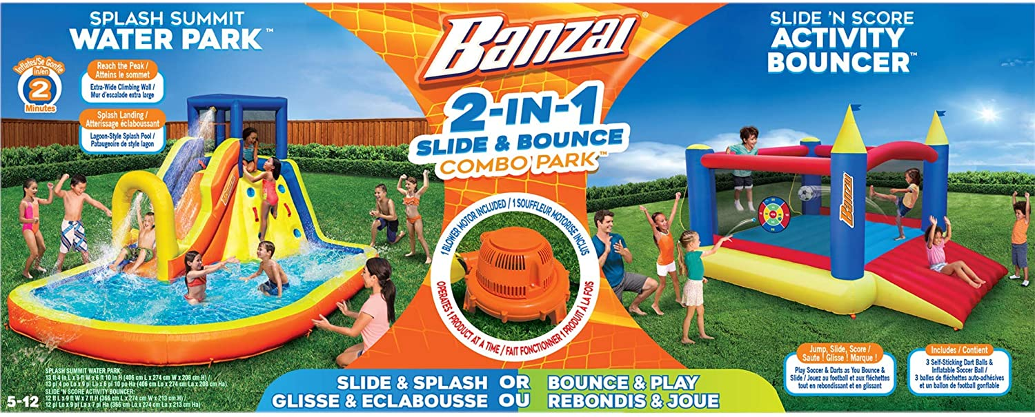 Inflatable Water Slide & Bounce House (Combo Pack) - Huge Heavy Duty Outdoor Kids Adventure Park Pool with Built in Sprinkler Wave and Slide PLUS Large BONUS 12x9 Bounce House - FREE Blower Included