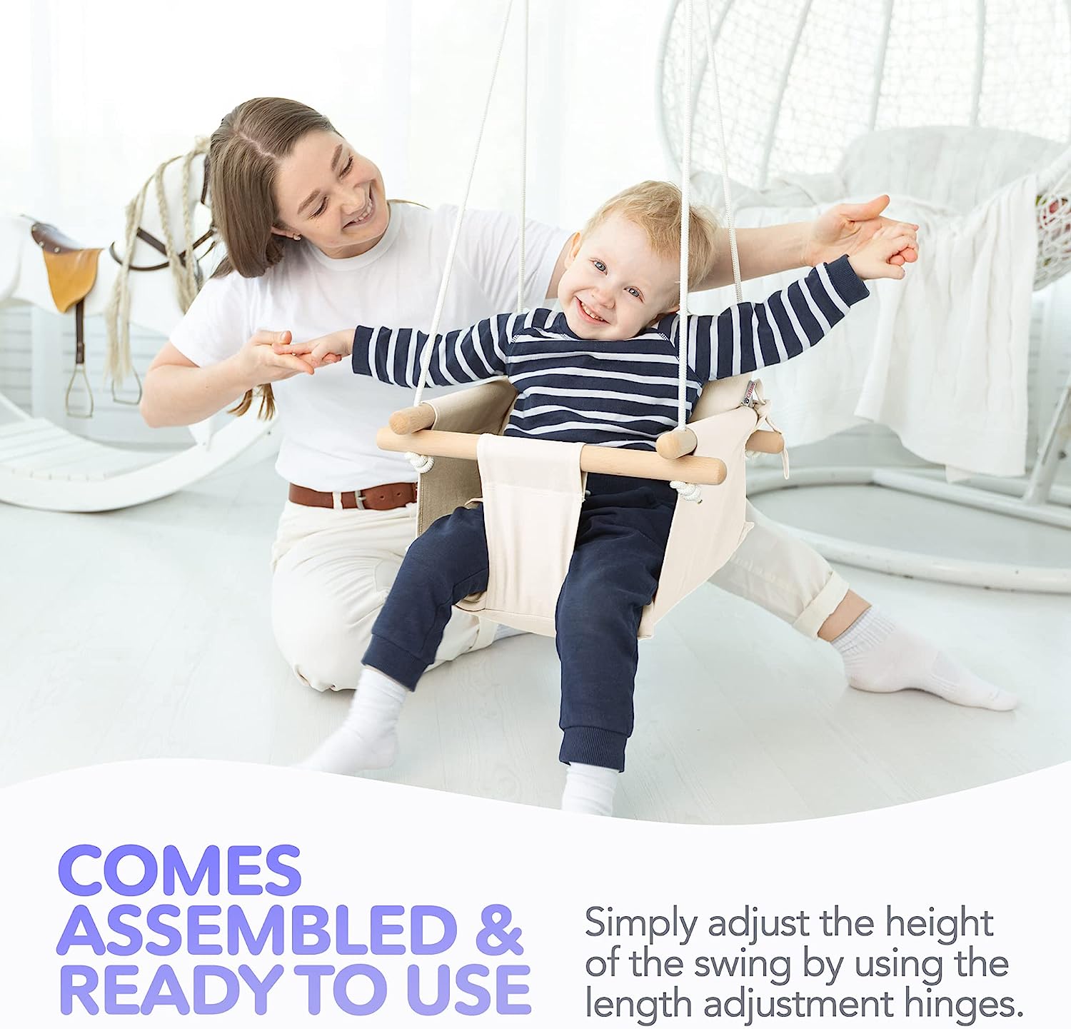 Canvas Baby Swing, Wooden Hanging Swing Seat Chair with Safety Belt, Durable Baby Hammock Chair, Outdoor and Indoor Swing for Kids, Mounting Hardware Included, Ivory