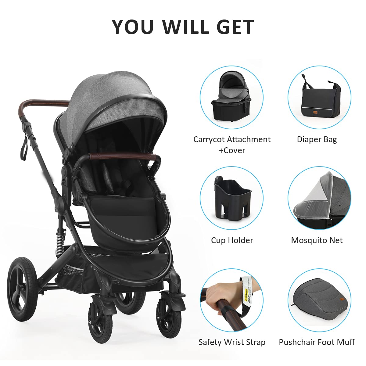 Newborn Infant Toddler Baby Stroller - Strollers with Backrest Adjustable Reversible, 2 in 1 High Landscape Convertible Bassinet Foldable Aluminum Alloy 3D Shock Absorption All Terrain Pram
