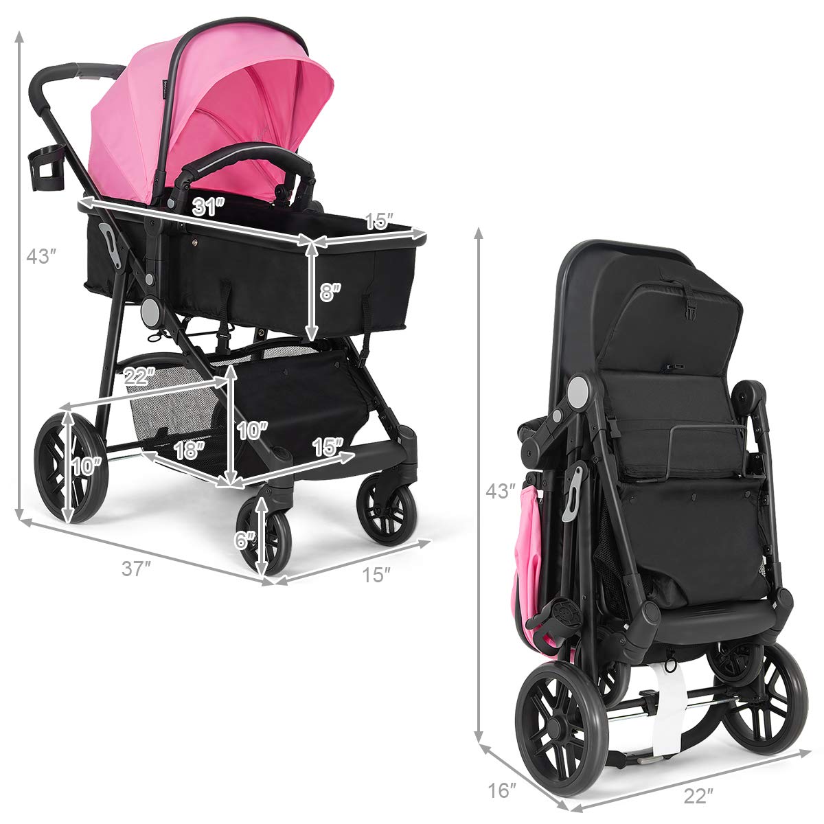 Baby Stroller, High Landscape Convertible Infant Bassinet Stroller, Adjustable Canopy & Backrest, Storage Basket, Cup Holder, Foldable Newborn Carriage Pram Stroller Pink)