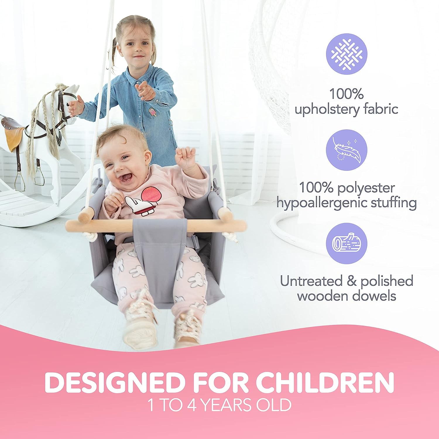 Canvas Baby Swing, Wooden Hanging Swing Seat Chair with Safety Belt, Durable Baby Hammock Chair, Outdoor and Indoor Swing for Kids, Mounting Hardware Included, Ivory