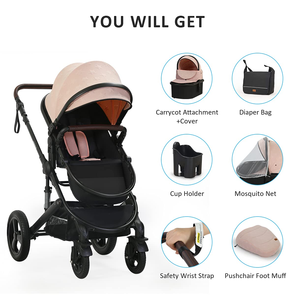 Newborn Infant Toddler Baby Stroller - Strollers with Backrest Adjustable Reversible, 2 in 1 High Landscape Convertible Bassinet Foldable Aluminum Alloy 3D Shock Absorption All Terrain Pram
