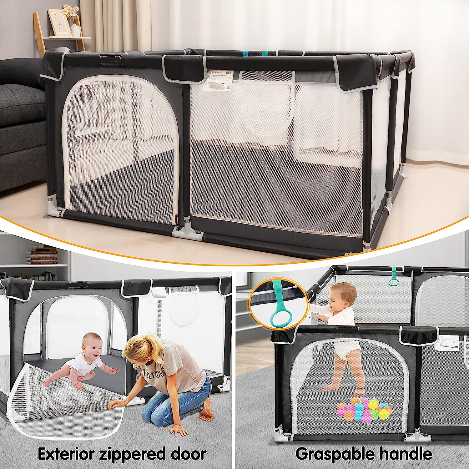 Baby Playpen 5050,Pack N Play,Playard,Baby Gate,Kids Activity Center,Playpen for Babies & Toddlers,Indoor Outdoor(Black)