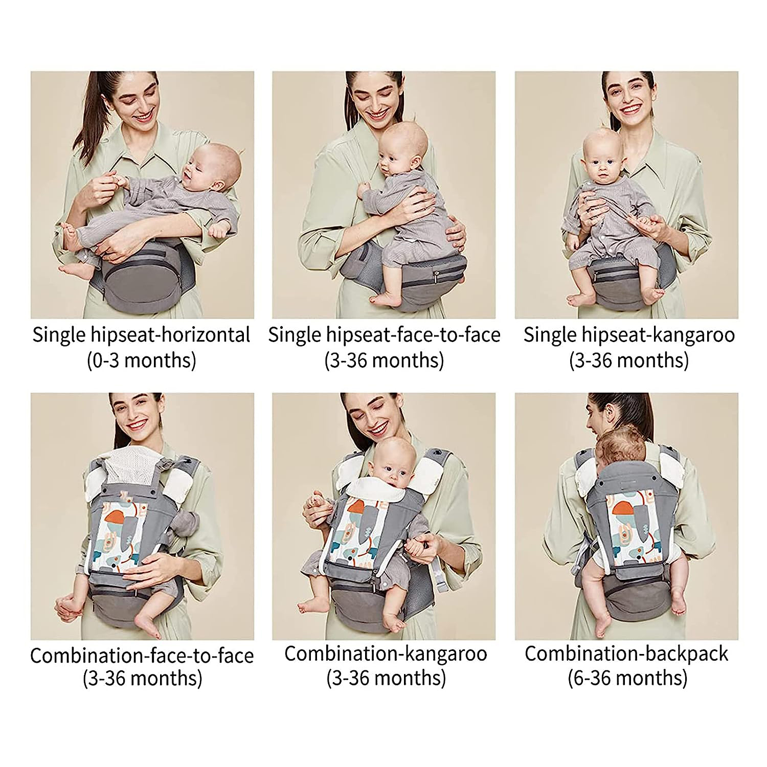 Baby Carrier Newborn to Toddler Baby Hip Carrier with Head Hood,Waist Extender & 3 Pieces Teething Pads (Grey)