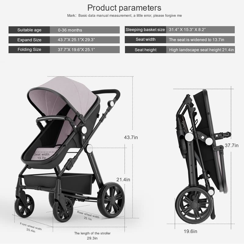 Baby Stroller Newborn Carriage Infant Reversible Bassinet to Luxury Toddler Vista Seat for Boy Girl Compact Single All Terrain Babies Pram Strollers Add Stroller Cover, Cup Holder, Net