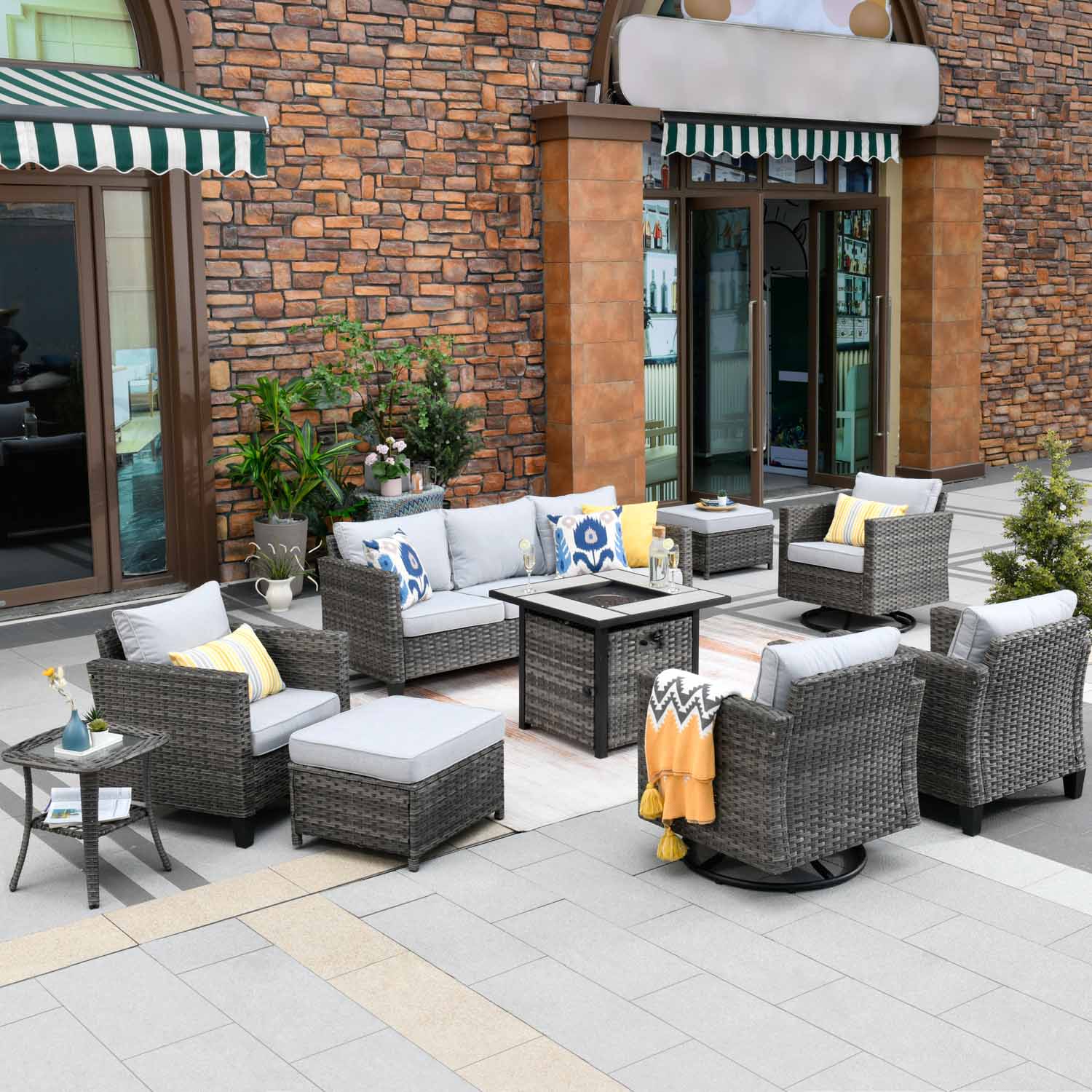 Ovios Patio Vultros 9-Piece Set with 2 Swivel Chairs and 30'' Propane Fire Pit Table